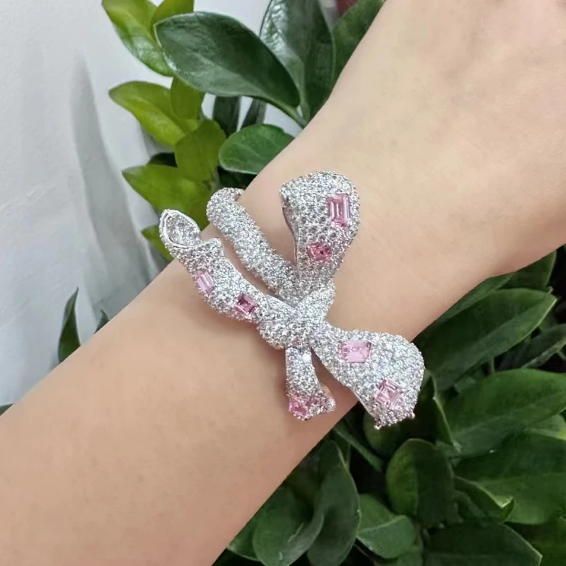 925 Sterling Silver Pave Diamonds Bow Shaped Fancy Pink