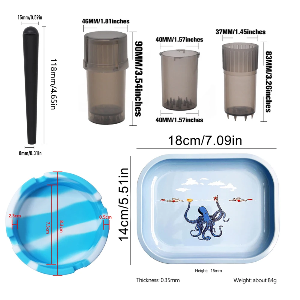 5Pcs Cigarette Plastic Herb Grinder Tobacco Silicone Round Ashtray Metal Rolling Tray 18X14cm Storage Tube Container Smoking Set 2