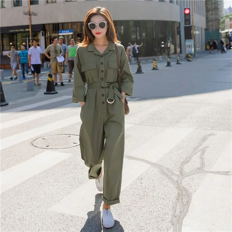 European And American New Women's Clothes Waist-tied Leisure Cargo Jumpsuit