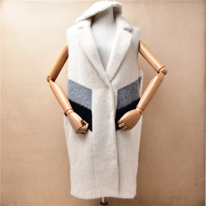 

04 Ladies Women Fall Winter Clothing Hairy Mink Cashmere Knitted Sleeveless Turn-Neck Loose Long Sweater Vest Jacket Coat Pull