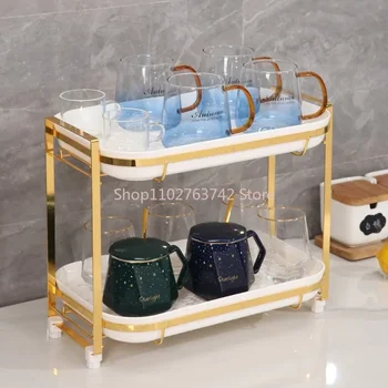 드립 트레이가 있는 2 단 컵 건조 랙, 주방 향신료 병 조리대 항아리, 과일 야채용 다기능 스탠딩 랙