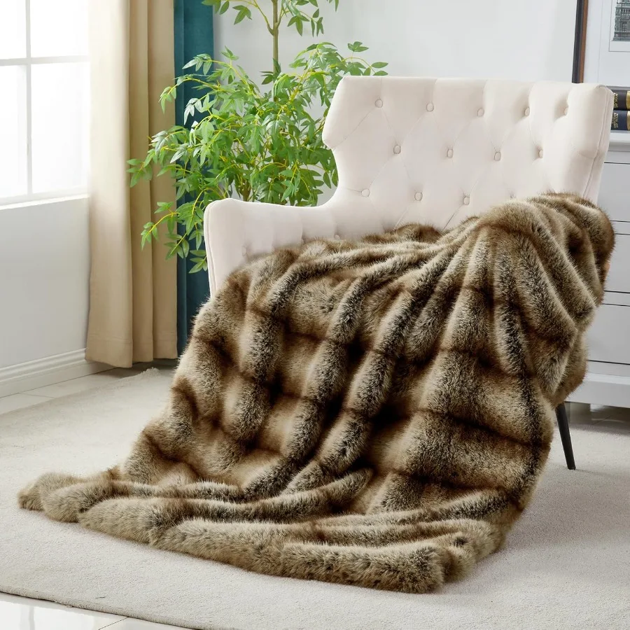 Highend Luxury Thick Fuzzy Faux Lion Fur Throw Blanket 50 x 60 Decorative Soft Cozy Accent Animal Skin Fluffy Lap Blanket for C