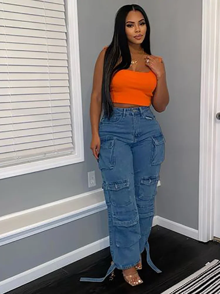 Wmstar Jeans Women Denim Bottom Boy Friend Straight Cargo Pants High Waist Korean New Fashion Streetwear Wholesale Dropshipping