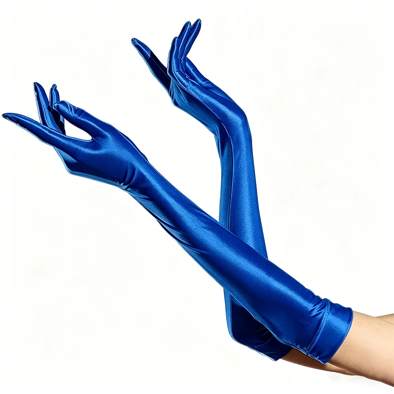 43cm Women Elastic Stain Smooth Five Finger Long Gloves Oil Shiny Glossy Sun Protection Party Wedding Luxury Silky Maid Gloves