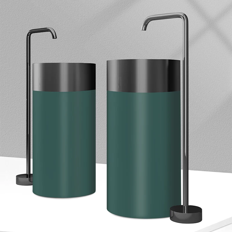 

Nordic dark green stainless steel column basin integrated floor mounted wash basin for household use