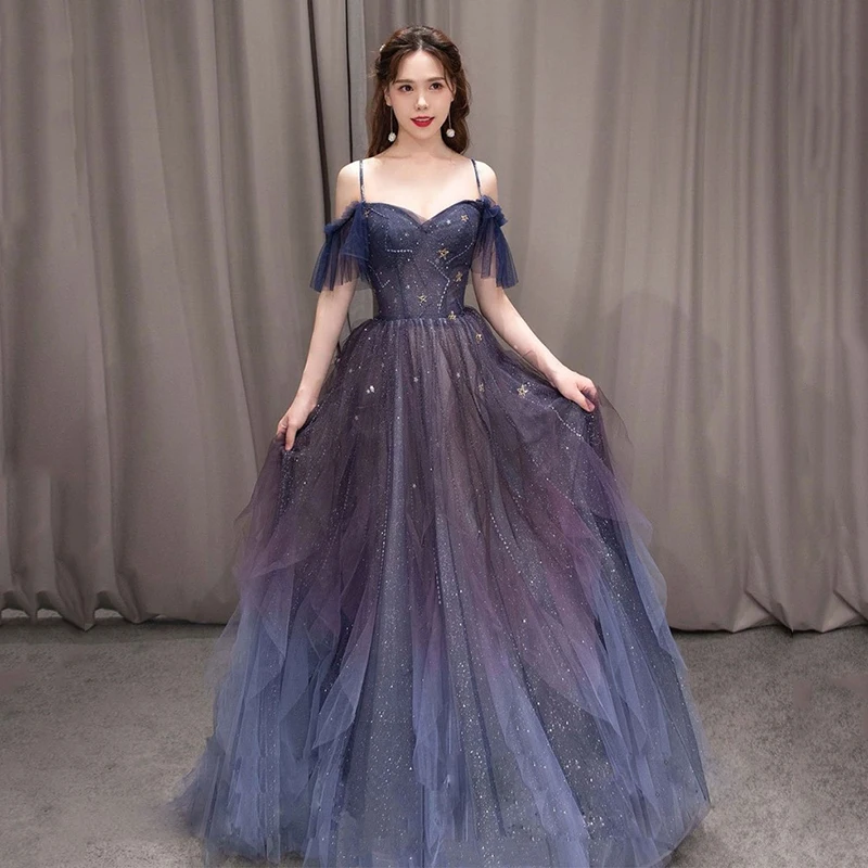 2024 New Performance Party Women'S Evening Dress One Line Neck Hanging Dress With Star Moon Dress Engagement Party Dress