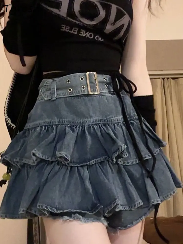 

Mini Skirts Women Fashion Denim Design Ruffles Elegant Simple All-match A-line Summer Sexy High Waist Ins Ladies Casual Sweet