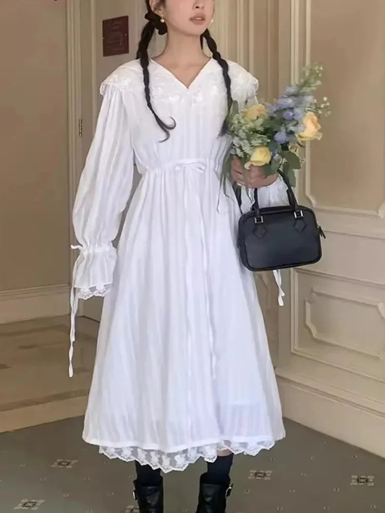 

Женское длинное платье с большими лацканами, белое кружевное платье с расклешенным рукавом, весна-лето 2024, 044