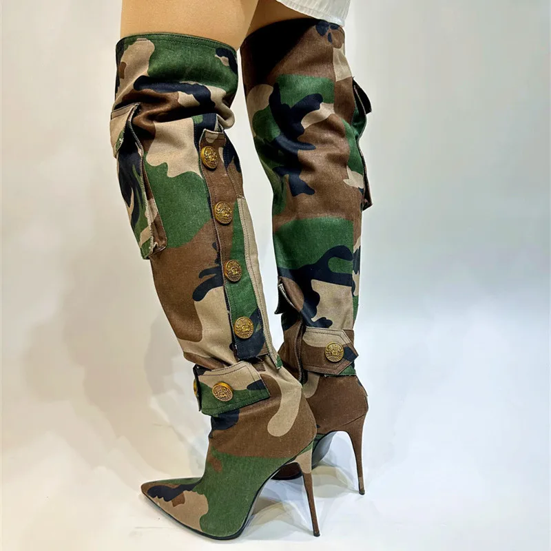 

New Style Women's Over-the-knee Boots Camouflage Cloth Female Long Boots Pointed Toe Mixed Colors Mature Ladies High Heels Shoes