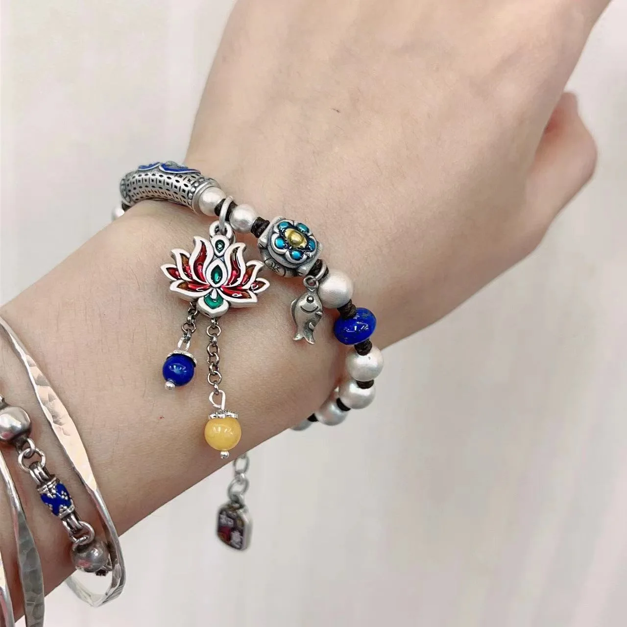 

925 Sterling Silver Lotus Fish Elbow Antique Bead Bracelet Original Design Vintage Ethnic Hand Woven Tassel Bracelets for Women