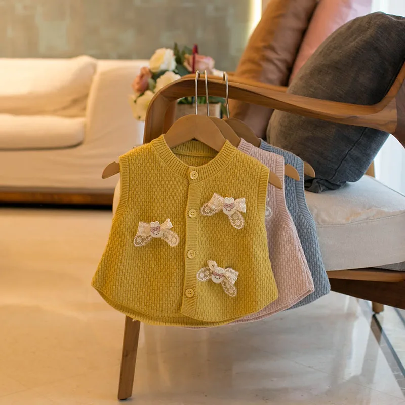 Autumn Baby Girls Knit Vest Sweet Lace Bow Waistcoat