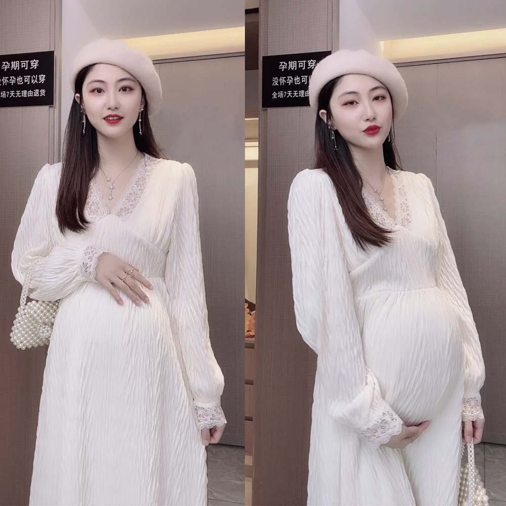 Ropa de maternidad de moda de primavera para mujer embarazada, vestido de maternidad de retazos de encaje con cuello en V, cintura alta estirada, ropa de embarazo, blanco y negro| | AliExpress