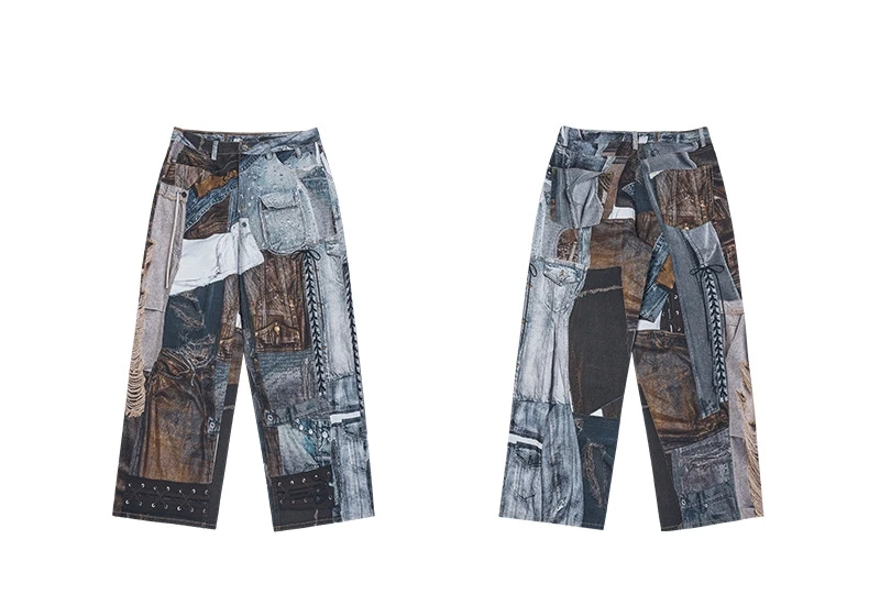 Streetwear Vintage Retro Jeans Man Patchwork Straight Loose Spliced Hole Full Length Denim Pants 5