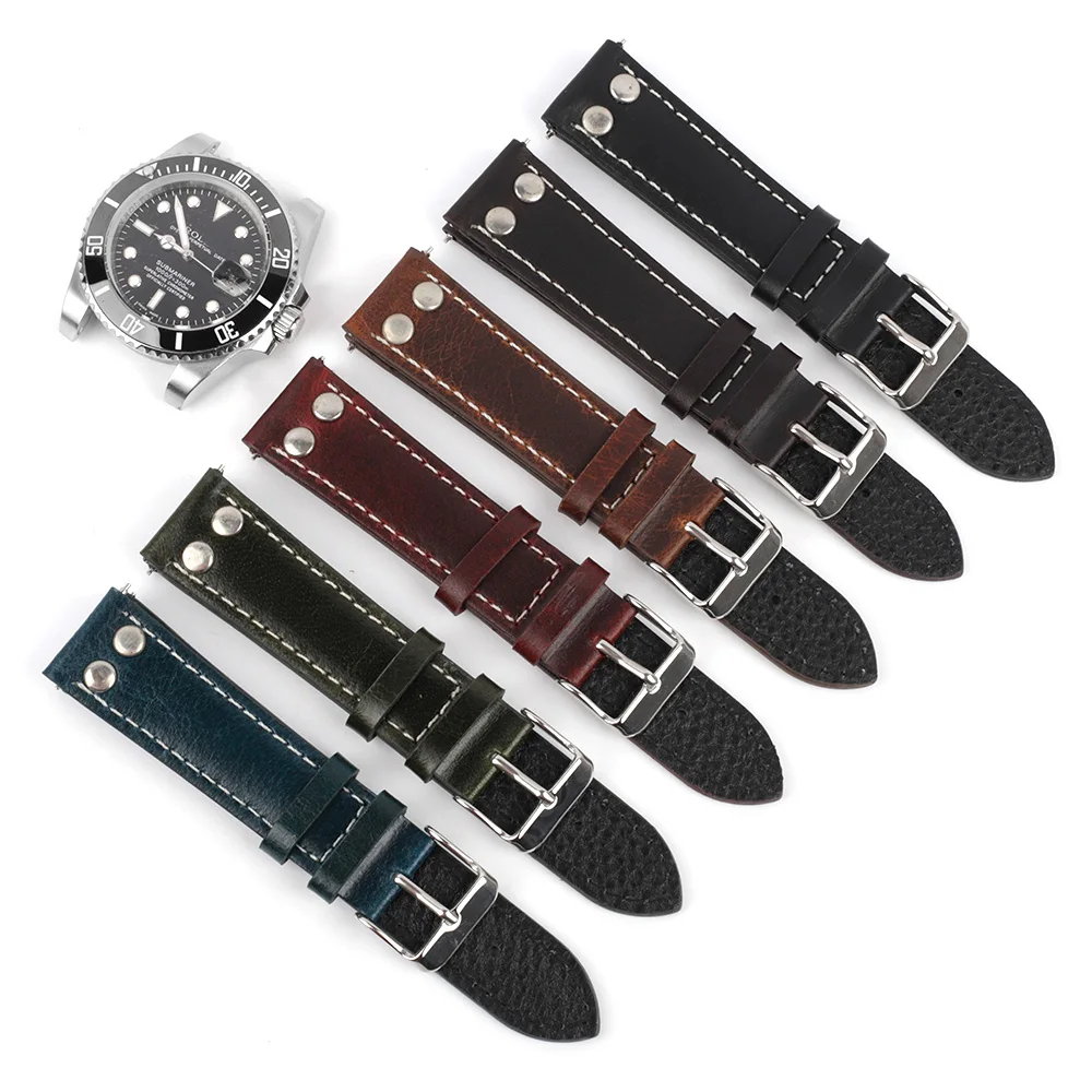 

Retro Rivets Genuine Leather Watch Band 18mm 19mm 20mm 22mm Men Wristband Replacement Quick Release Oil Wax Leather Watch Strap