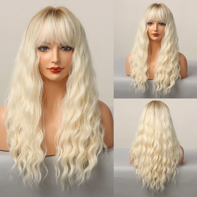 GNIMEGIL Synthetic Long Curly Wigs for Women Ombre Blonde Wig with Bangs Costume Wig for Girls Sexy Blond Wigs with Dark Roots 802-3
