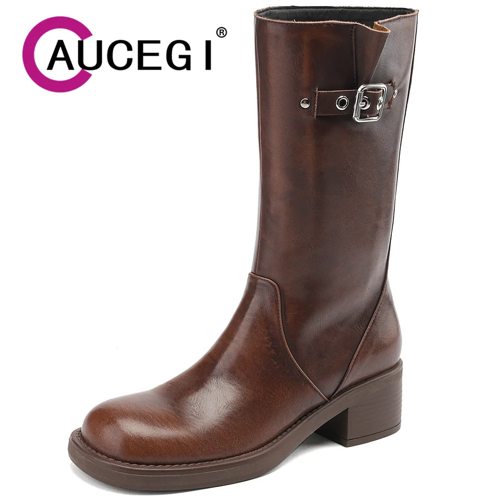 

Aucegi New Arrival Women Cow Genuine Leather Thick Heels Mid-Calf Boots Modern Round Toe Slip On Buckle All Match Shoes Brown