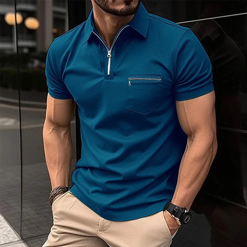 

Casual Pure Color Slim Short Sleeve Polo Shirt Mens Summer Fashion Patch Zipper Lapel Polo T-Shirts Leisure Classic Men Clothes