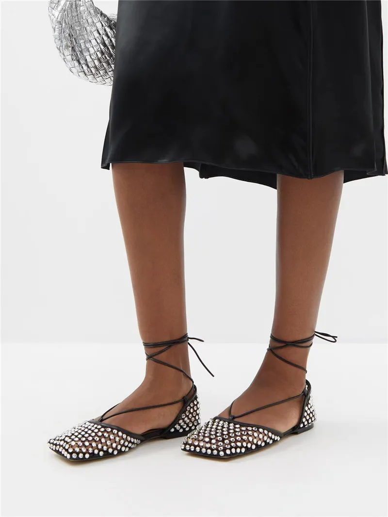 Crystal Diamond Foot Ring Strap Square Head Hollow Mesh Surface Shallow Cut Large Flat Bottom Sandals for Women