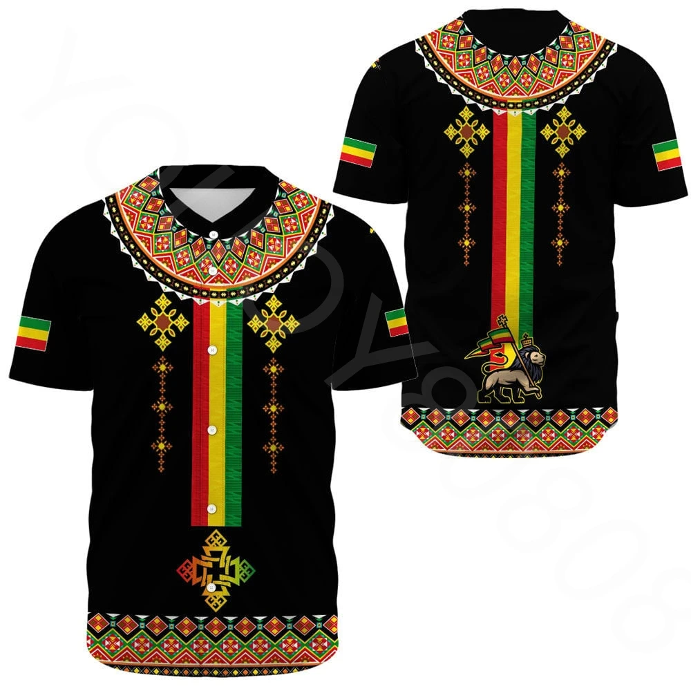 

Spring and autumn African national clothing short-sleeved printed jacket baseball uniform Ethiopian lion style graphic T-shirt
