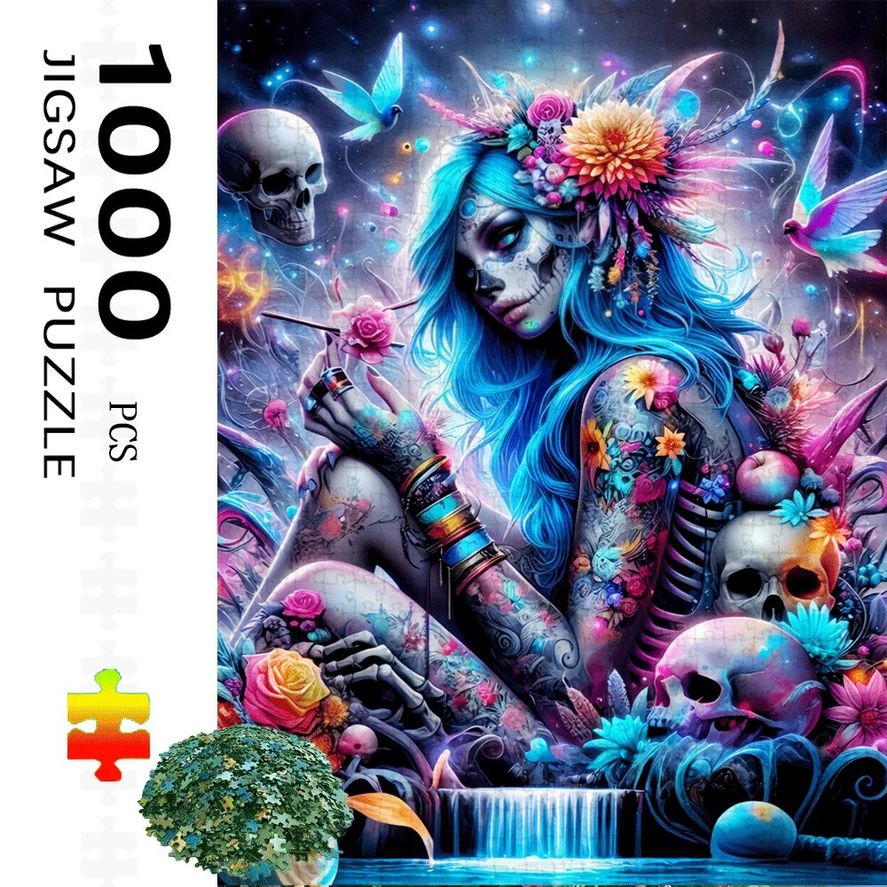 1000pcs Gothic Fantasy Puzzle, Mysterious Blue-Haired Woman with Skull and Butterfly Floral Design – Exquisite Details, Vibran