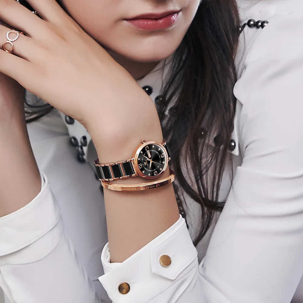 OLEVS New Ceramics Watchstrap Watch For Women Luxury Business Diamonds Wristwatch Fashion Waterproof Dual Calendar Woman Watches 2