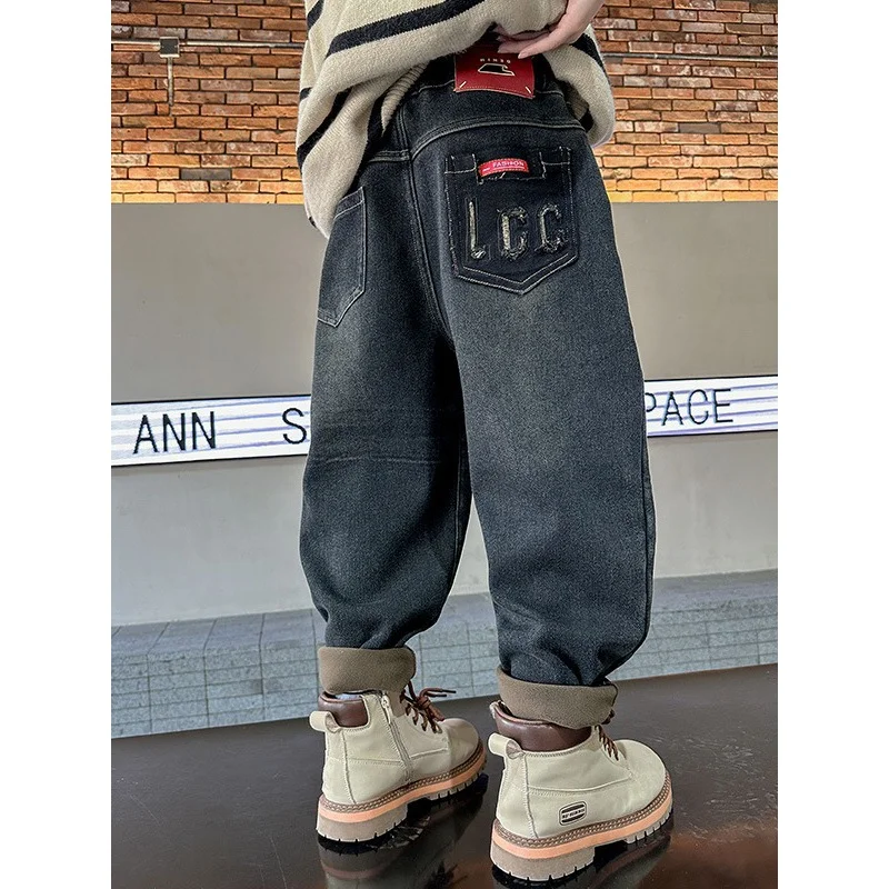 

Children's Clothing 2023 Autumn and Winter New Boys Fleece Padded Jeans Middle and Big Children Boys Winter Single-Layer Fleece-
