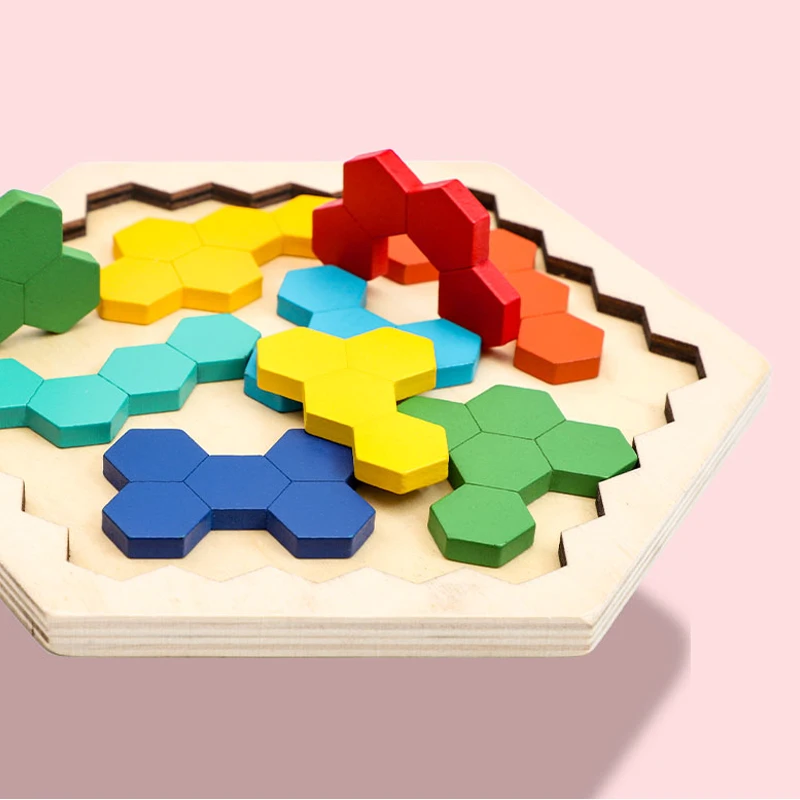 Wooden Hexagon Puzzle Geometric Tangram Jigsaw Shape Pattern Block Brain Teaser Toy Color Recognition Logic IQ Montessori Toy 5
