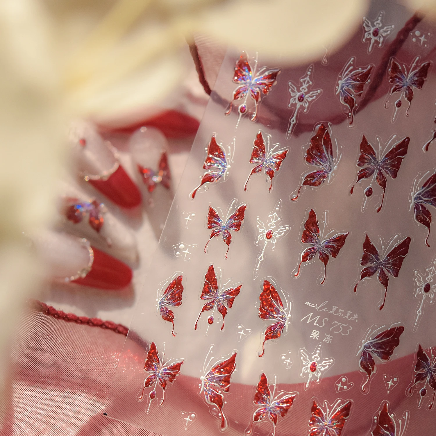 Vibrant Red Butterfly 5D Nail Art Stickers - Spring Flower Relief Design