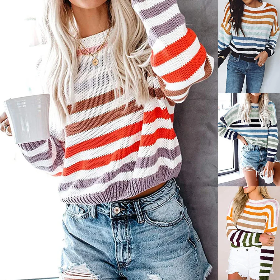 

Women's Spring Autumn Strip Sweaters Round Collar Long Sleeve Pullover Knitted Striped Loose Sweater Fashion Office Lady Sweater