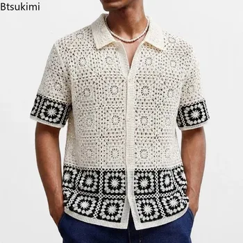 Nuove Polo in Maglia da Uomo 2026, Cardigan Estivi Vintage all'Uncinetto, Camicie Casual Traforate a Maniche Corte per Uomo