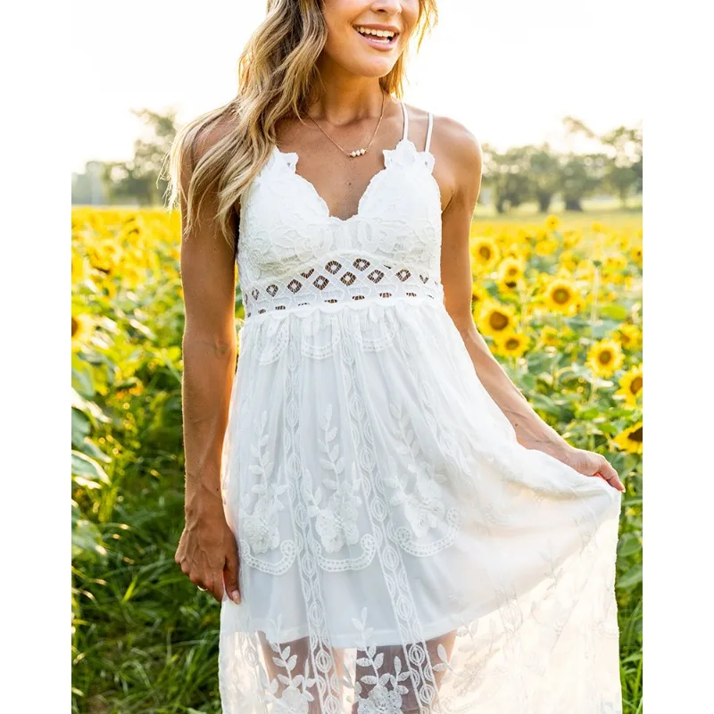 Women's Dress White Hollow Out Cotton Sundress Lace Sleeveless Long Splicing Summer Party Elegant Evening Woman Skirt Clothing ﻿