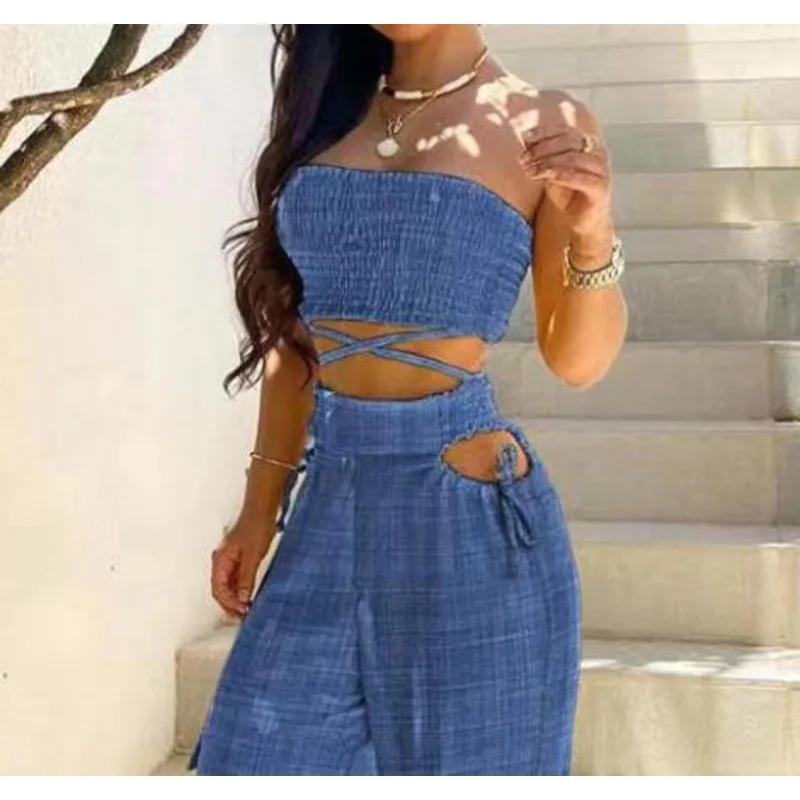 2024 Women's Dress Strapless Strapless Midriff Lace-up Cargo Pants Pocket Denim Blue Waist Pants Set Two-piece Women's Dress