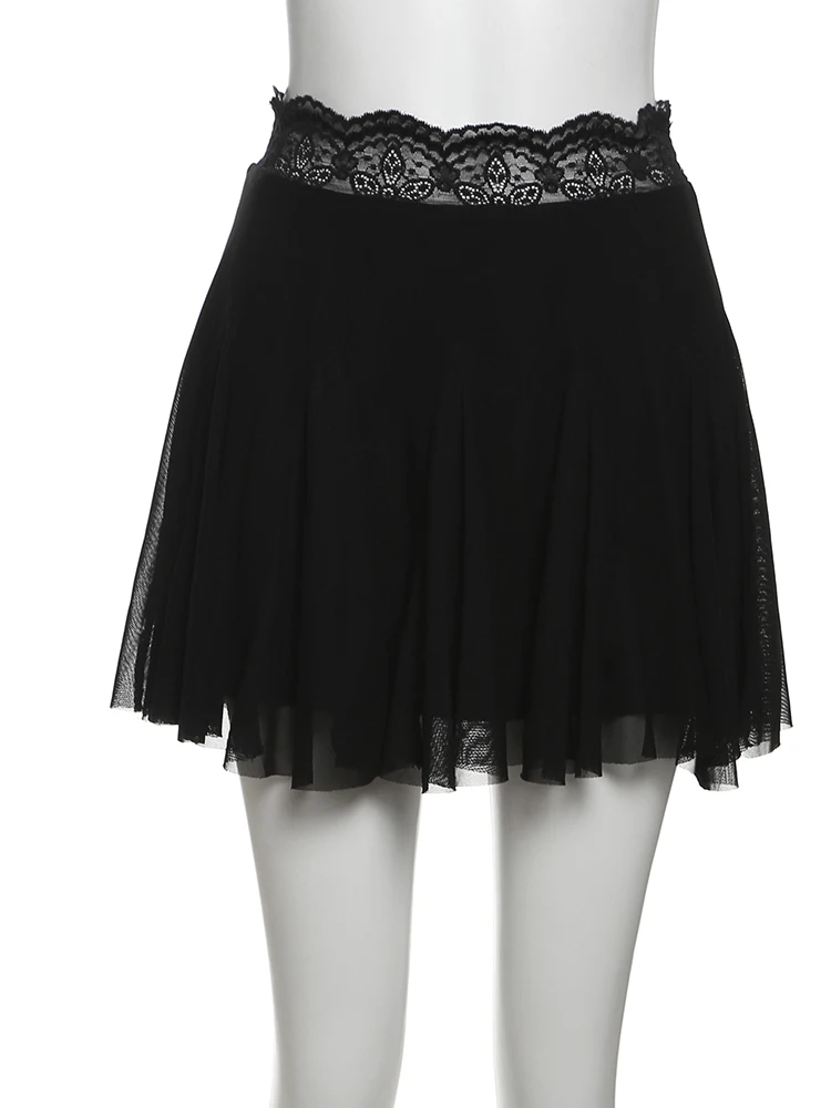 Nibber Sexy 2-Piece Set Women Patchwork Lace v-Neck Sleeveless Backless Folds Lace-Up Mini Tops+Wave Edge Skirt Matching Suits