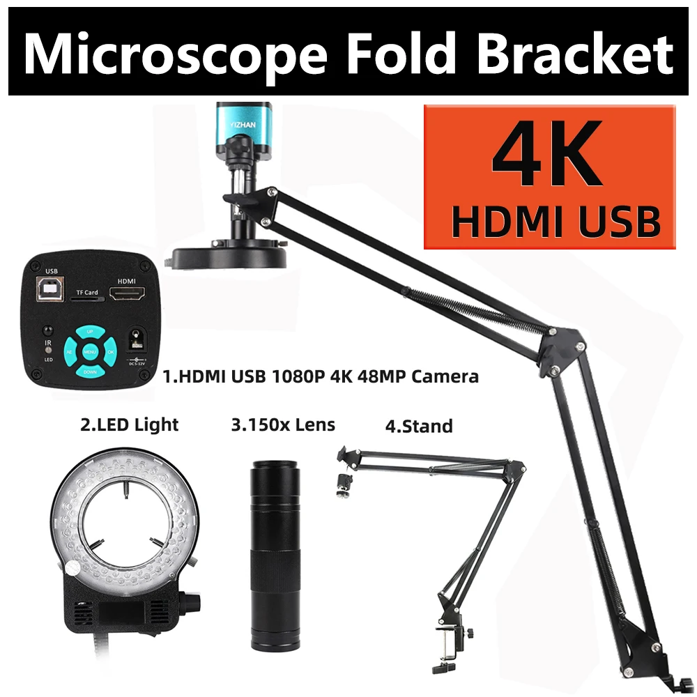 Цифровая видеокамера с широкоугольным складным кронштейном, HDMI HD, 4k, 2k, 48 МП, 13 МП, 1-150x зум-объектив, Крепление C, Настольный зажим