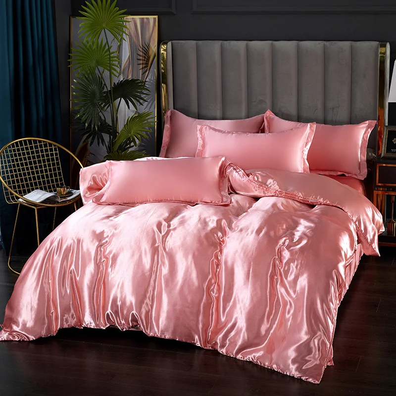 Silk Bedding Set with Duvet Cover Bed Sheet Pillowcase Luxury Satin Bedsheet Solid Color Double Single King Queen Full Twin Size