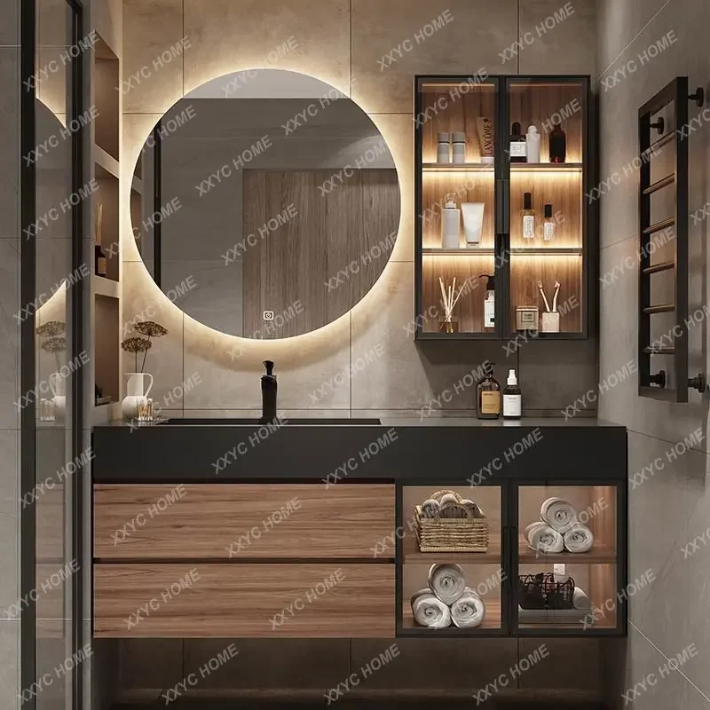 Ceramic Seamless Whole Washbin Bathroom Cabinet Combination Light Luxury Washstand Solid Wood Washbasin Customization