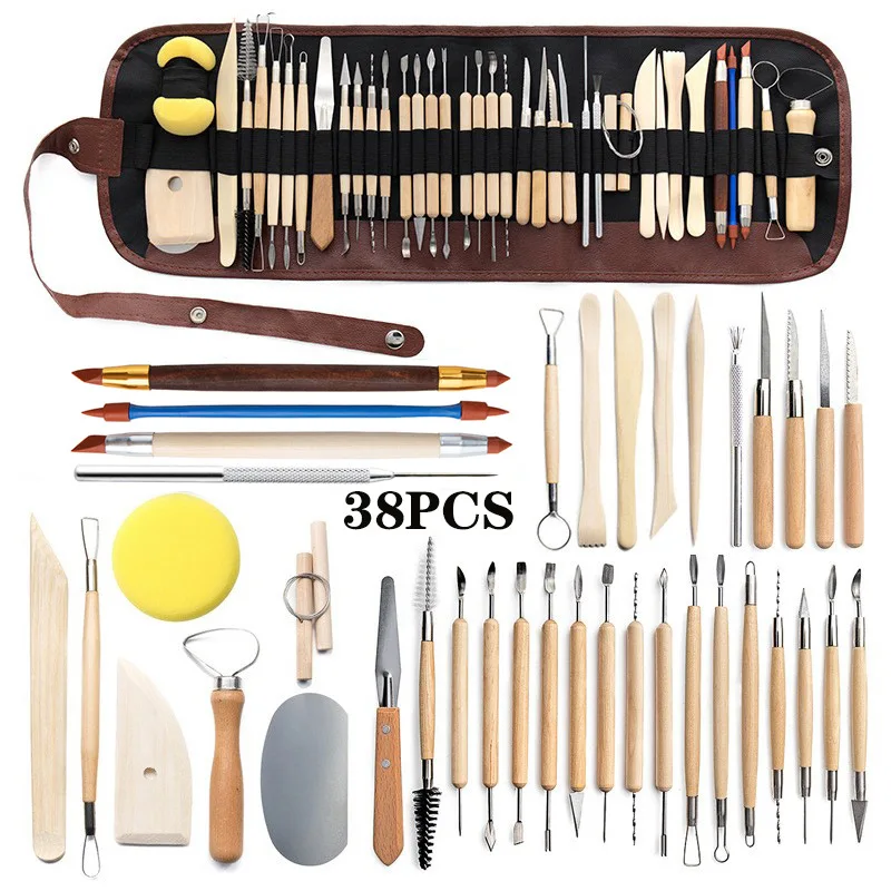 38pcs DIY Pottery Tool Clay Sculpting Tools Double Sided Pottery Carving  Tool Set Clay Tool Kits Rock Painting Kit with Roll Bag - AliExpress