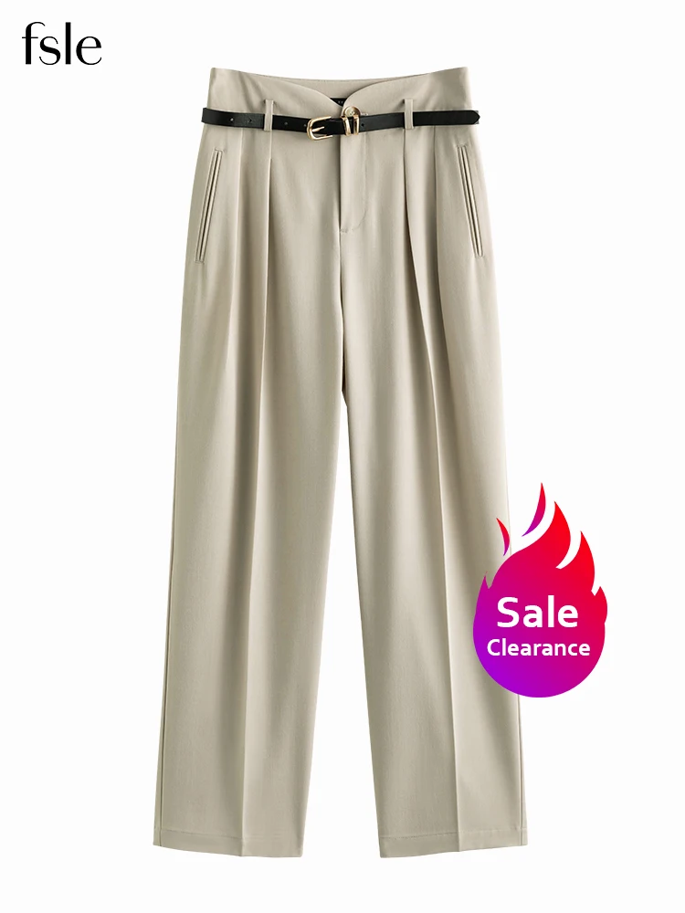 

FSLE【Clearance Sale】Women Suit Pants Pleated Design Suit Cropped Trousers Women High Waist Office Lady Long Trousers with Belt