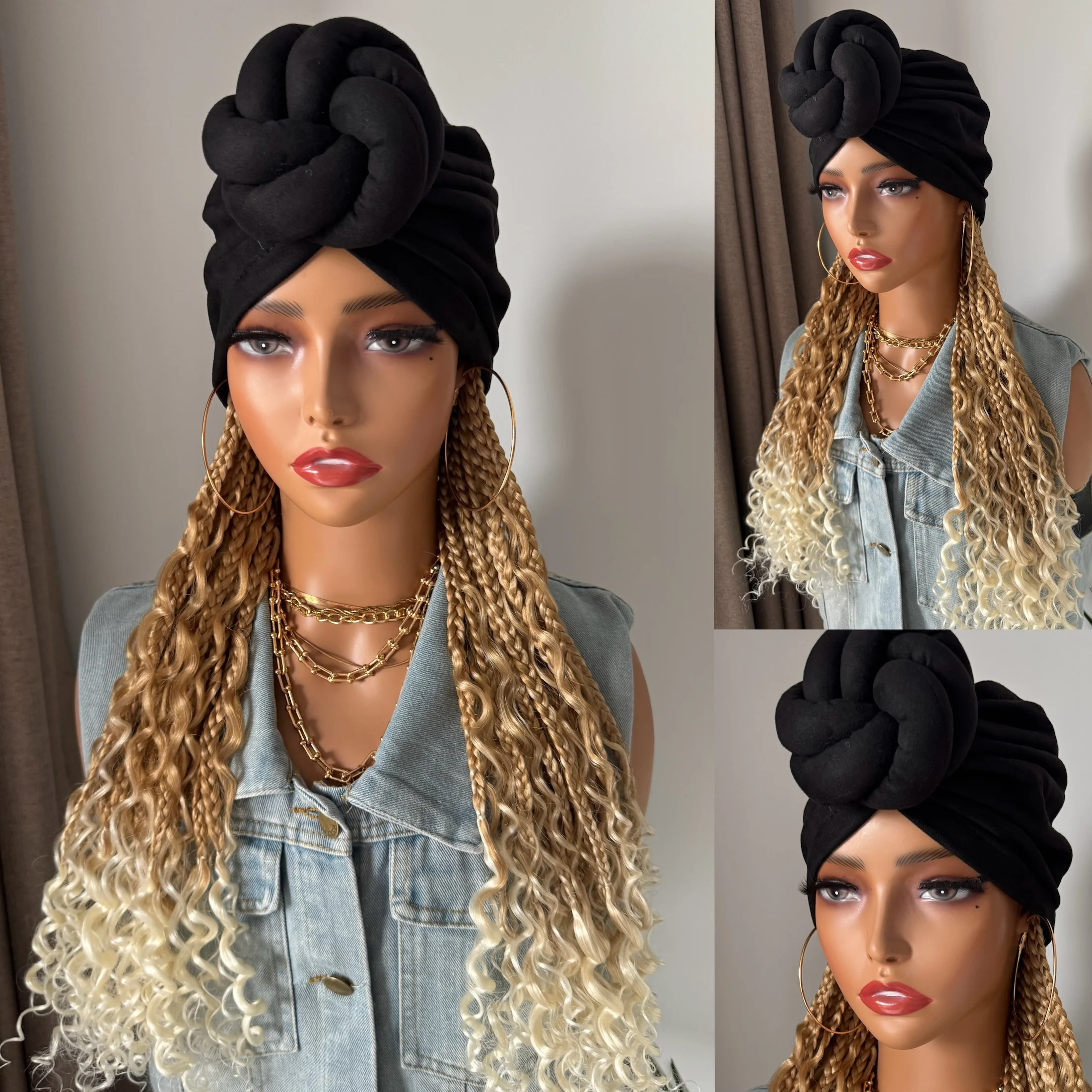 WIGERA Ombre Honey Blonde 613# Boho Box Braided Synthetic Headband Wig With Turban Hat Braiding Hair Extensions For Black Women