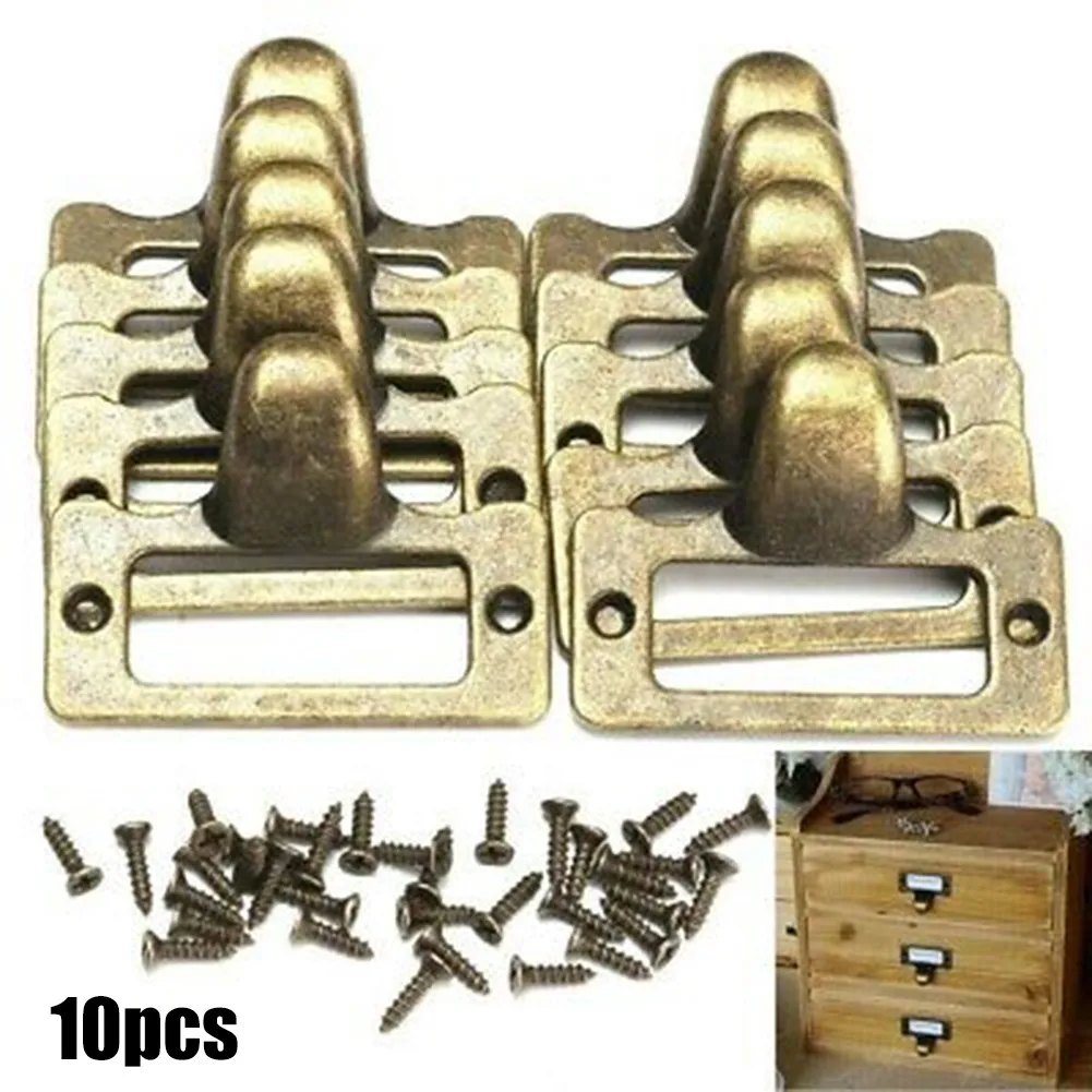 Antique Brass 10 PCS Label Pulls Antique Style Cabinet Cupboard Drawer Durable Label Name Card Holder Tag File