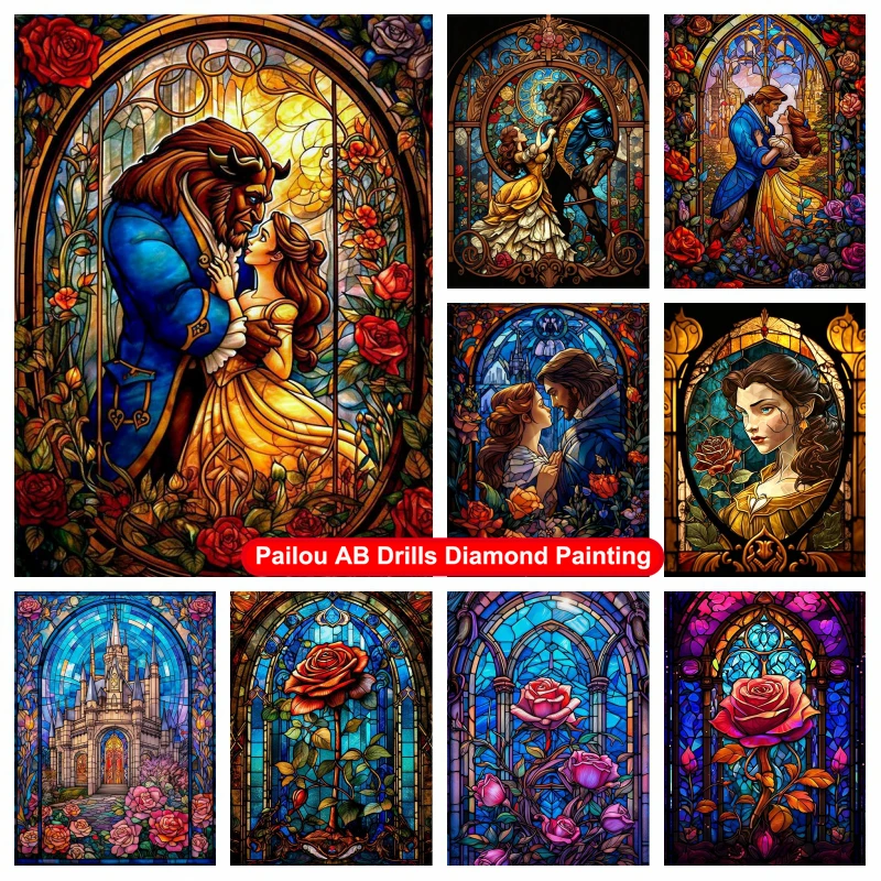 Vetro Colorato Beauty And The Beast Movie Ab Drills Diamond Art Painting Disney Beautiful Belle Rose Flower Cross Stitch Decor