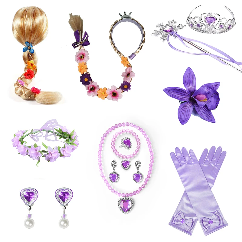 Cosplay Accessories Children Jewelry Set Rapunzel Princess Accessories Gloves Wand Crown Jewelry Set Kid Wig Necklace Braid for Princess Dress Clothing Cosplay Dress UP