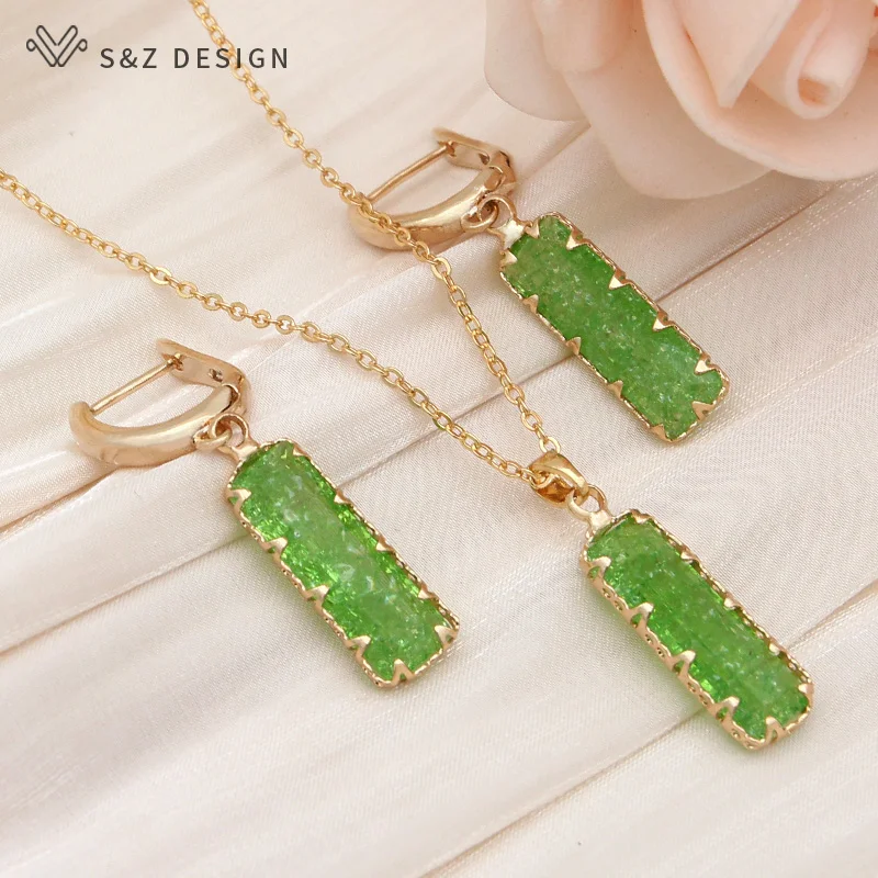 S&Z DESIGN New Fashion Rectangle Ice Crack Crystal Dangle Earrings For Women Wedding 585 Rose Gold Color Eardrop Jewelry Gift