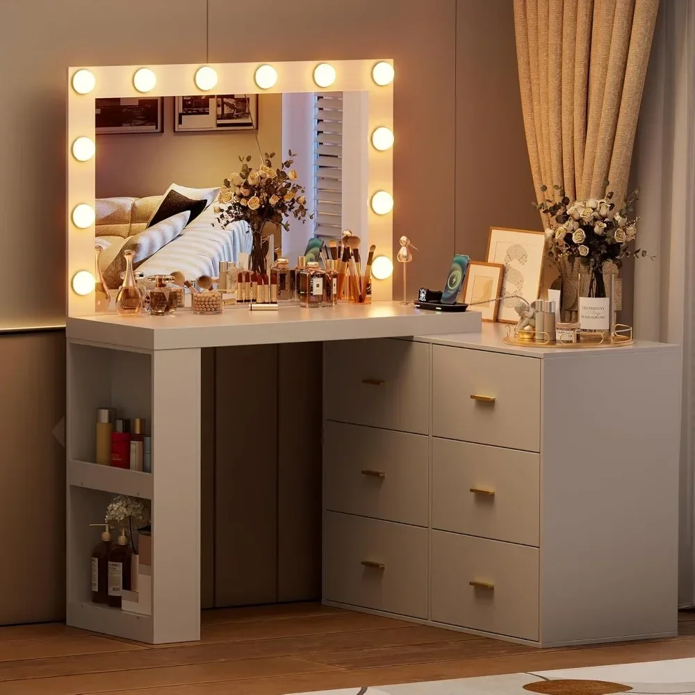 Makeup and Dressing Table with Mirror and 3-color Light, Charging Station, 6 Drawers, 2 Storage Racks, White Dressing Table 5