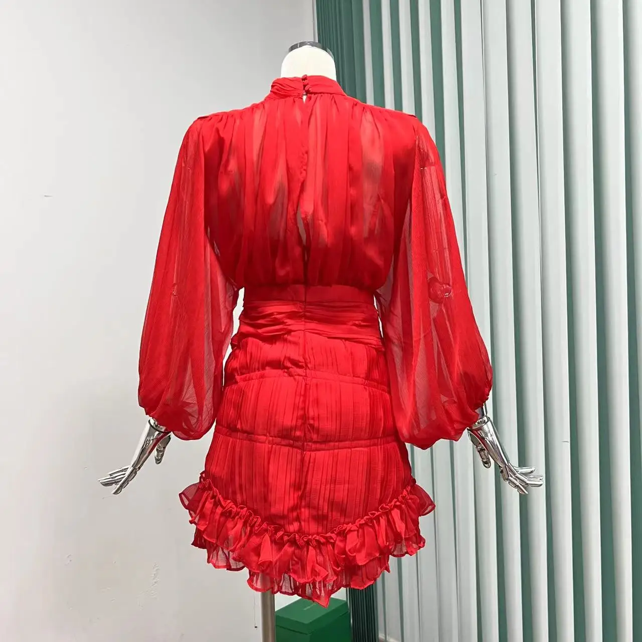 Women Long Letran Sleeve Mini Dress With Turtleneck Ruffle Layers Detail