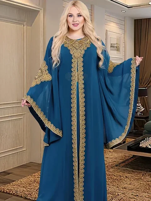 Party Dresses for Women Abaya Muslim Caftan 2 Piece Set Eid Flare Sleeves Robe Embroidered Gold Lace Dress Suit Jalabiya Ramadan 4