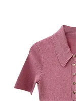 Spring and Summer Women Pink Short Sleeve Knit Sweater Turn-Down Collar Half Open Button Ladies Slim Temperament Knitted Top 1