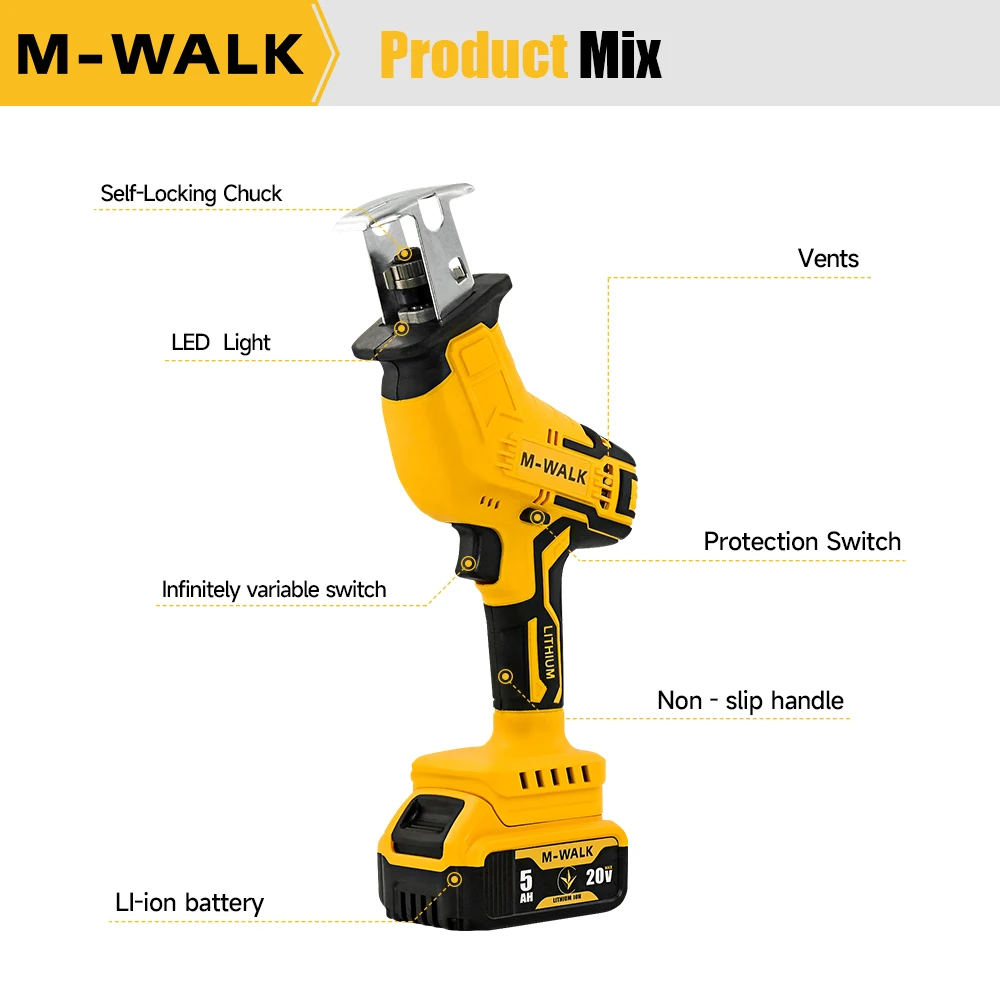 M-WALK 3000RPM Cordless Electric Reciprocating Saw Chainsaw Saber Saw Wood Metal Cutting Power Tool Dewalt 20V Battery Pin