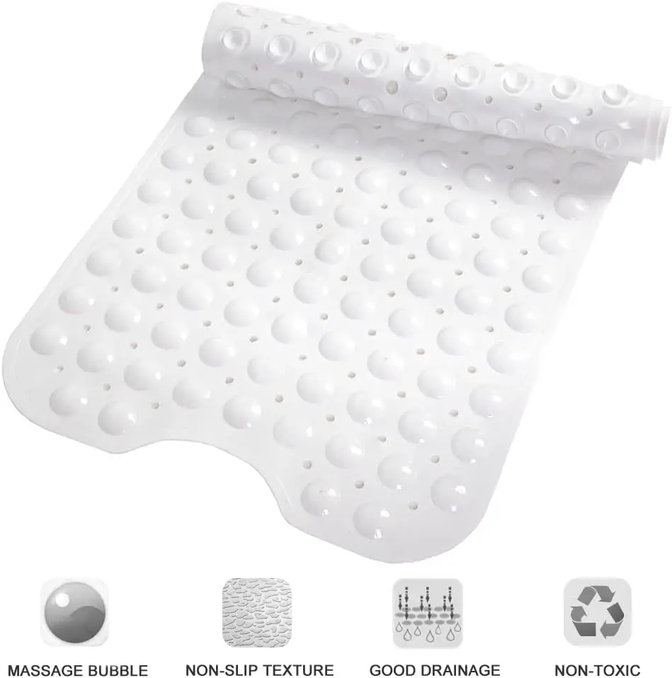 Extra large white non-slip bath mat with suction cups and drainage holes.