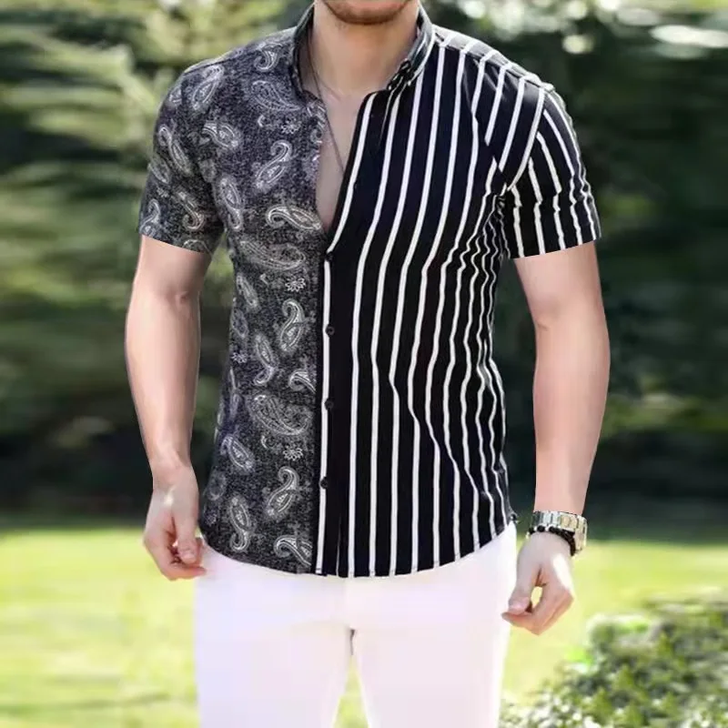 button up short sleeve shirts & tops Summer New Short Sleeve Shirts Men New Fashion Striped Pattern Print Patchwork Shirt Mens Casual Button-up Turn-down Collar Tops short sleeve shirts